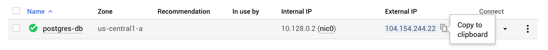 Copy the external IP of the new instance