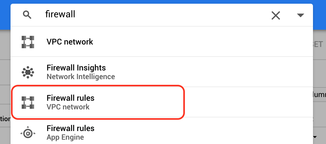 Search for firewall and click on Firewall rules (VPC network)